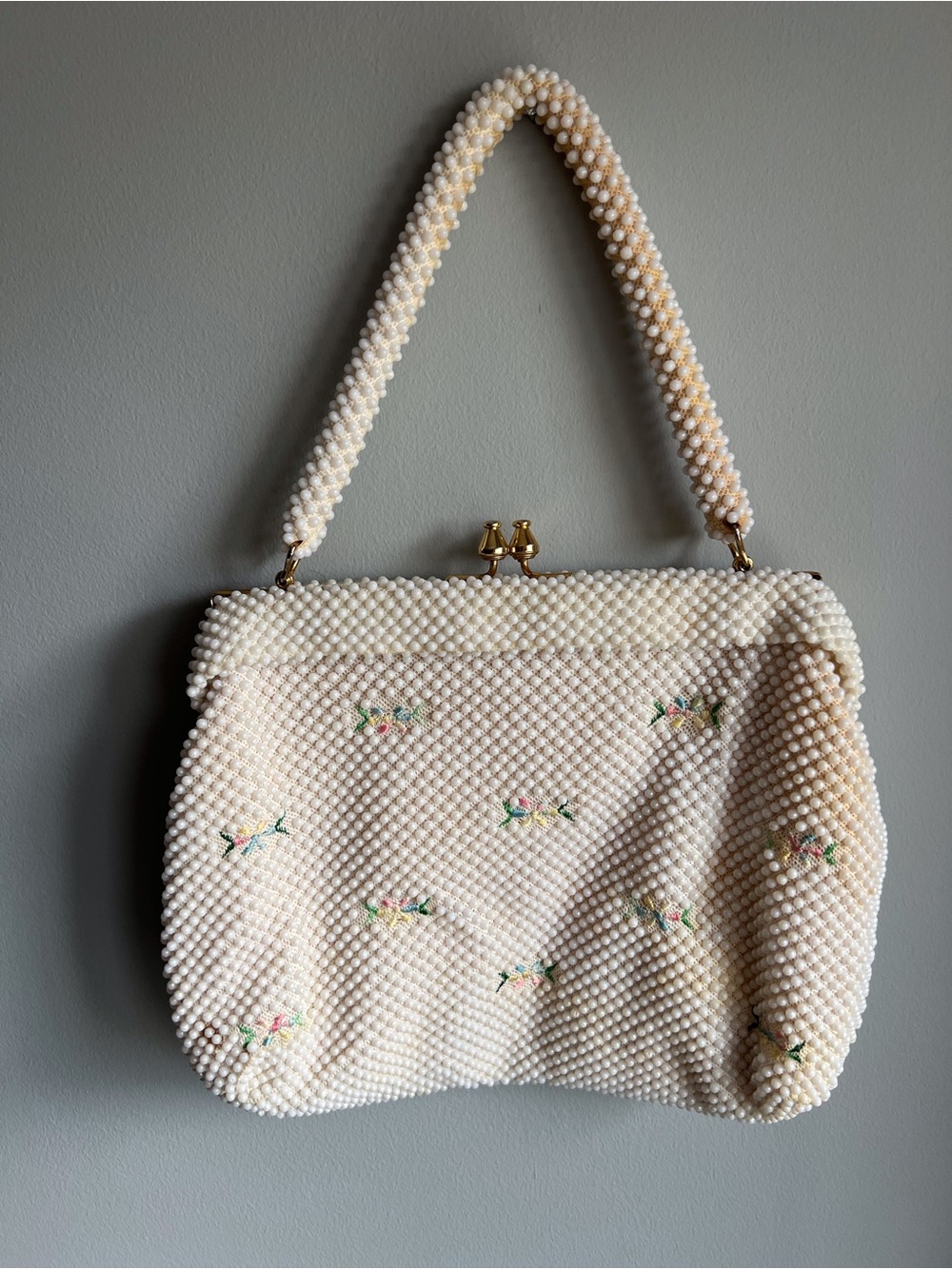Ivory Beaded Pearl-Style Handbag with Floral Embroidery
